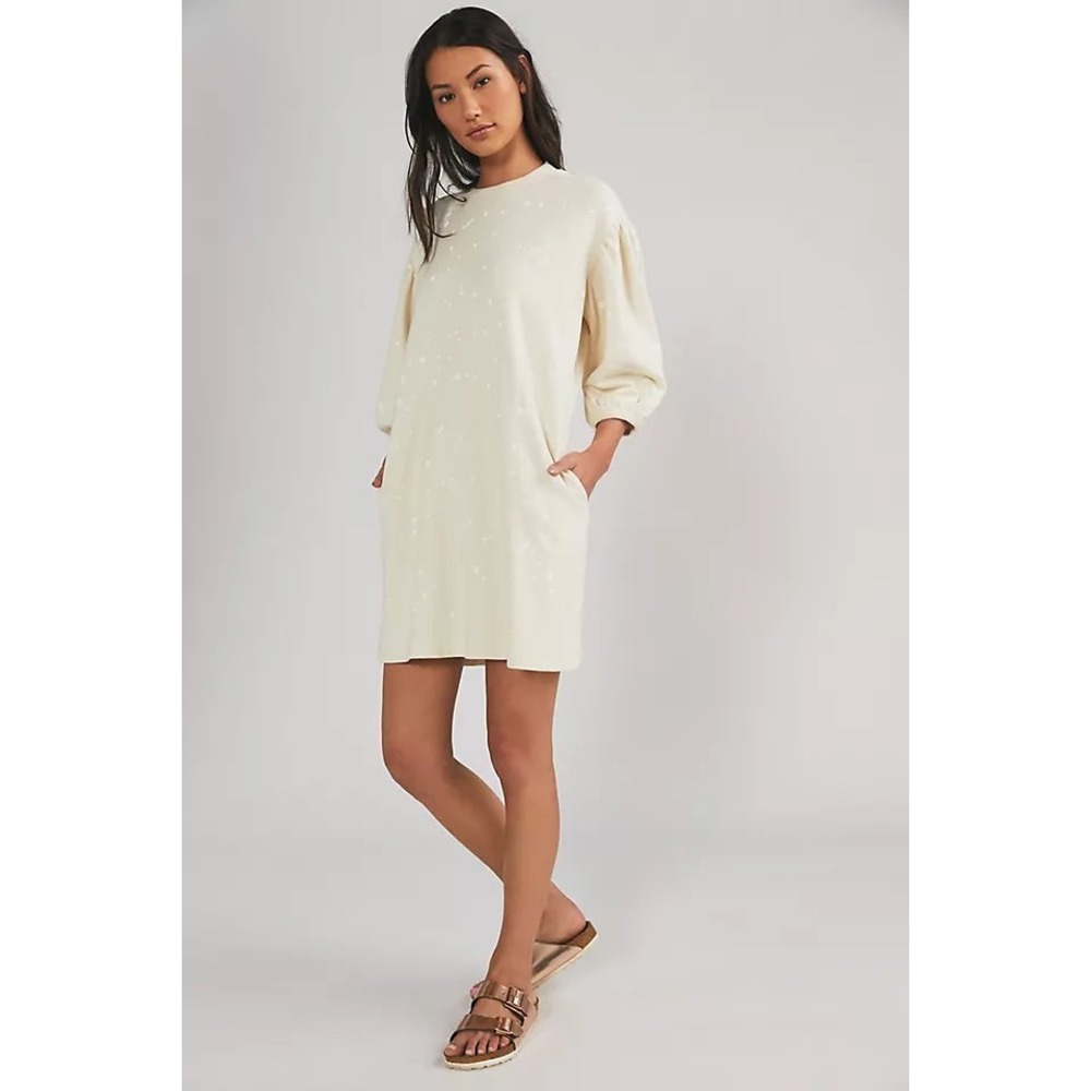 Clare V Cream White Paint Splatter Puff Sleeve Sweatshirt Dress Size S Women